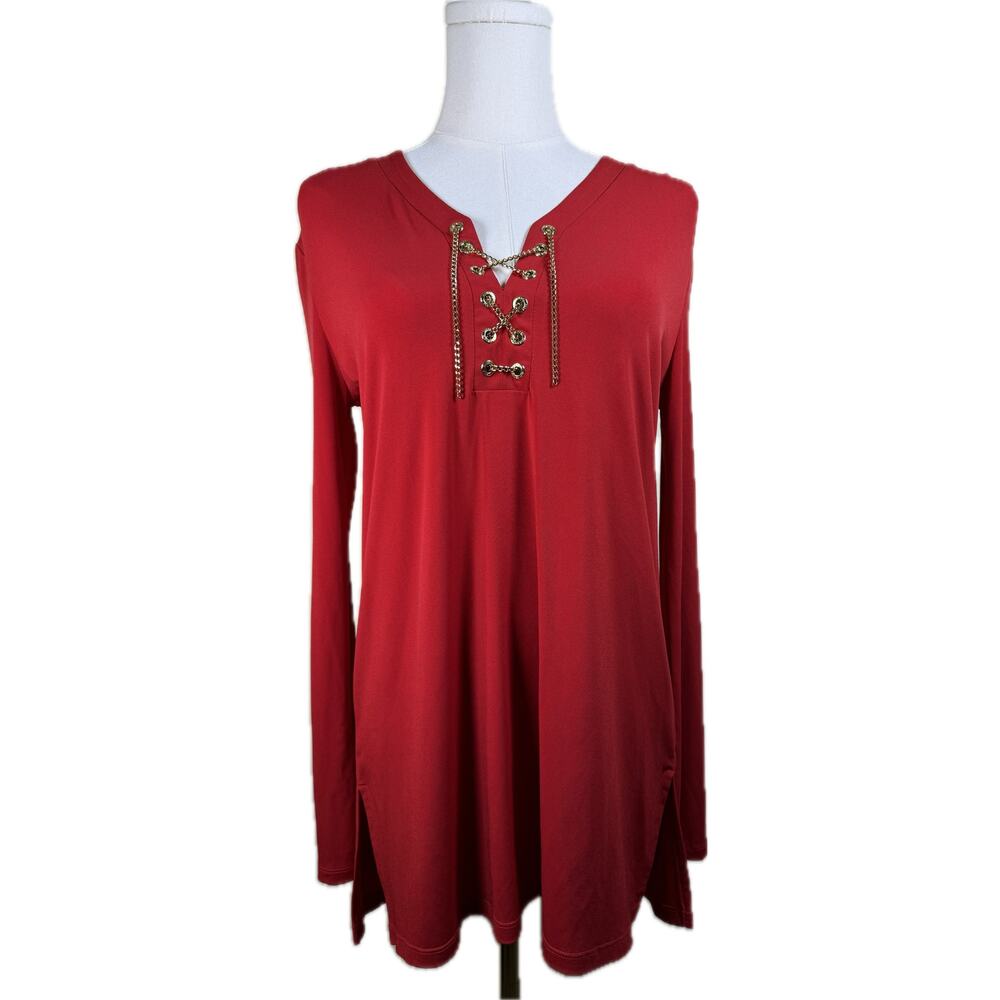 Michael Kors, Red Women’s Blouse with Gold Chain Closure, Size Small